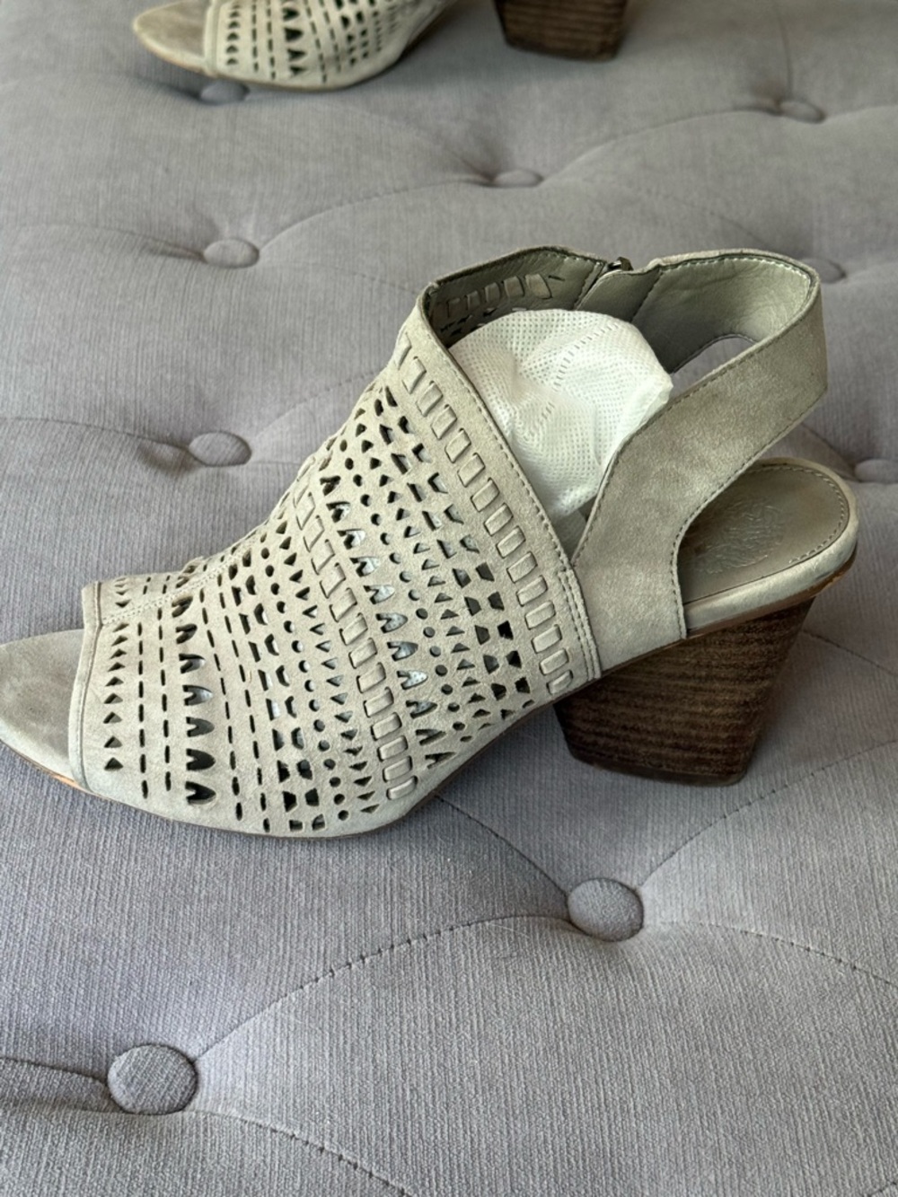 Vince Camuto Taupe Perforated Suede Open-Back Block Heel Mule. SIze 8